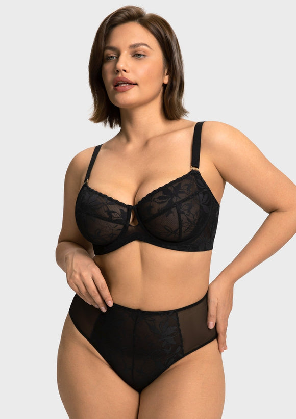 Bramela Petalia Plus Size Seamless Lace Underwire Balconette Demi No Padded Bra with High Elastic Fabric Delicate Lace Trim Cutout & Adjustable Straps