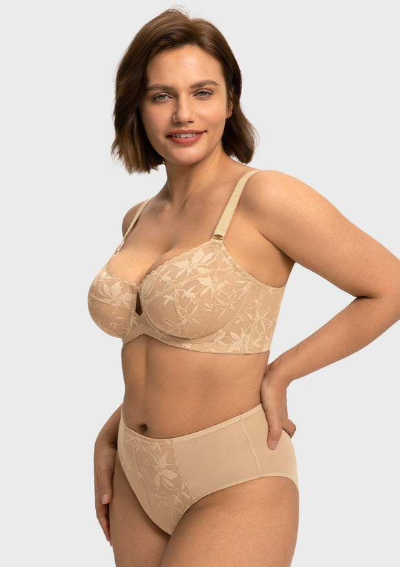 Bramela Petalia Plus Size Seamless Lace Underwire Balconette Demi No Padded Bra with High Elastic Fabric Delicate Lace Trim Cutout & Adjustable Straps