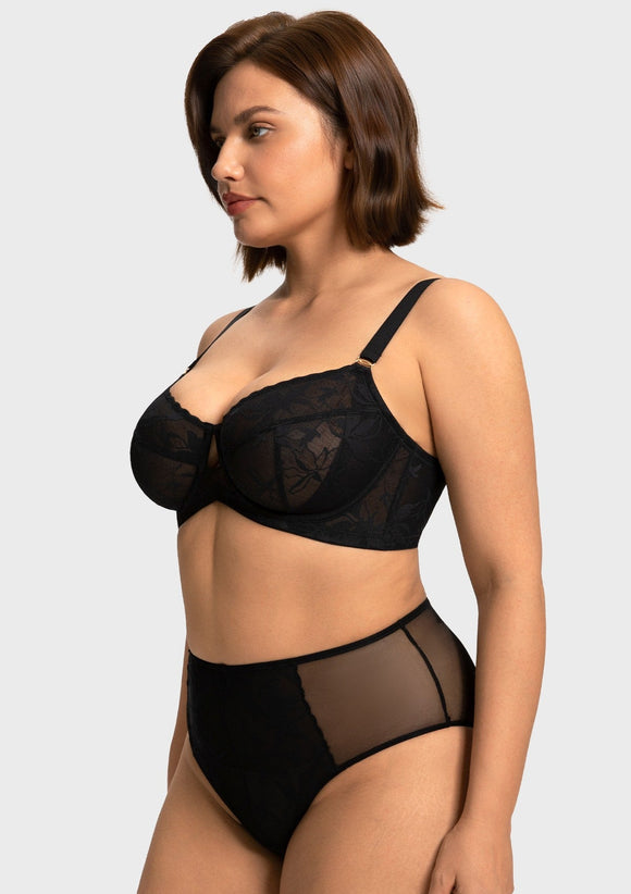 Bramela Petalia Plus Size Seamless Lace Underwire Balconette Demi No Padded Bra with High Elastic Fabric Delicate Lace Trim Cutout & Adjustable Straps