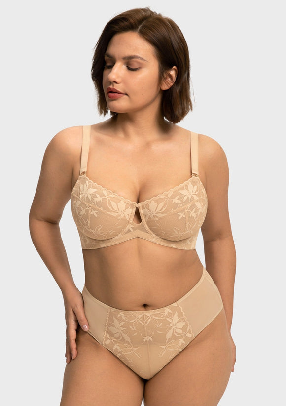 Bramela Petalia Plus Size Seamless Lace Underwire Balconette Demi No Padded Bra with High Elastic Fabric Delicate Lace Trim Cutout & Adjustable Straps