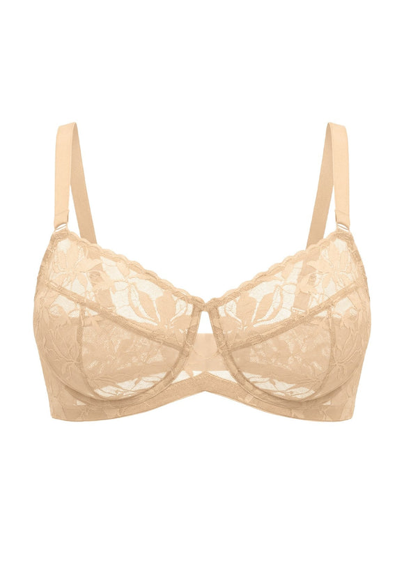 Bramela Petalia Plus Size Seamless Lace Underwire Balconette Demi No Padded Bra with High Elastic Fabric Delicate Lace Trim Cutout & Adjustable Straps