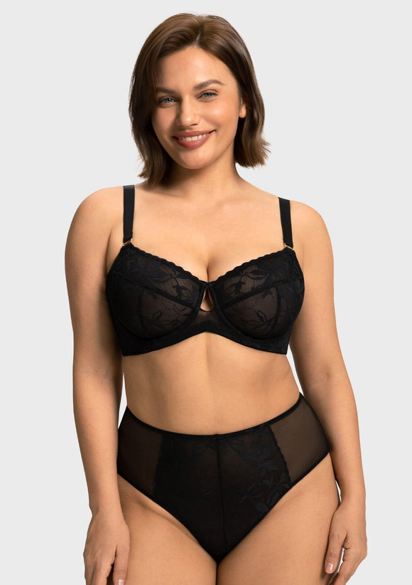 Bramela Petalia Plus Size Seamless Lace Underwire Balconette Demi No Padded Bra with High Elastic Fabric Delicate Lace Trim Cutout & Adjustable Straps