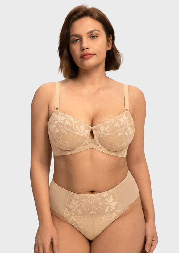 Bramela Petalia Plus Size Seamless Lace Underwire Balconette Demi No Padded Bra with High Elastic Fabric Delicate Lace Trim Cutout & Adjustable Straps