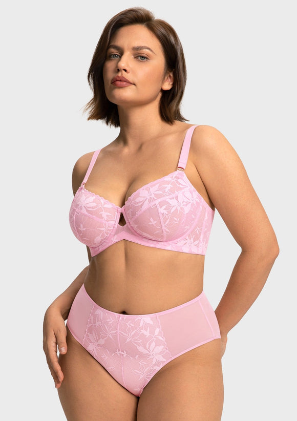 Bramela Petalia Plus Size Seamless Lace Underwire Balconette Demi No Padded Bra with High Elastic Fabric Delicate Lace Trim Cutout & Adjustable Straps